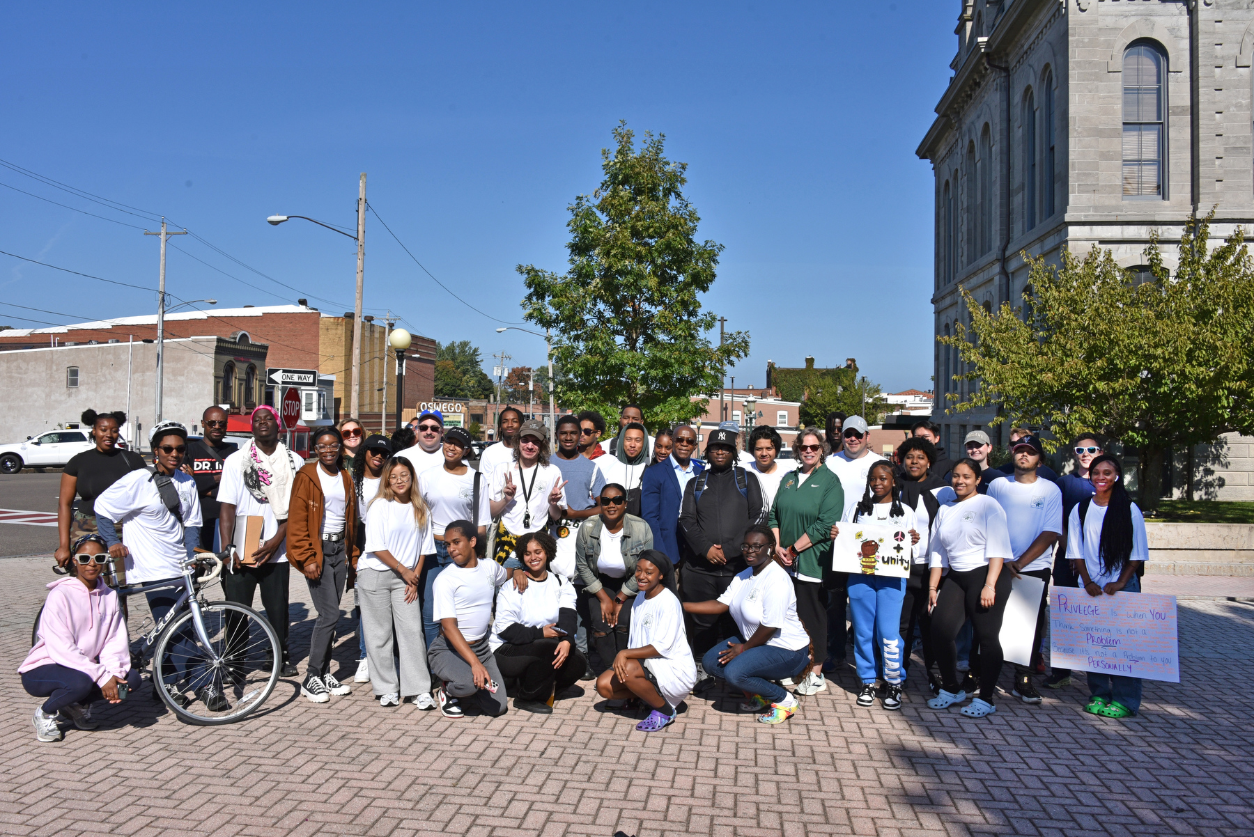 Students, faculty, staff and President Peter O. Nwosu participated in the annual ALANA Peace Walk Oct. 1, which began with speakers at Oswego City Hall and ended at the SUNY Oswego Marano Campus Center. Part of the 37th ALANA Multicultural Leadership Conference, the event is sponsored by Black Student Union and Student Engagement and Leadership.