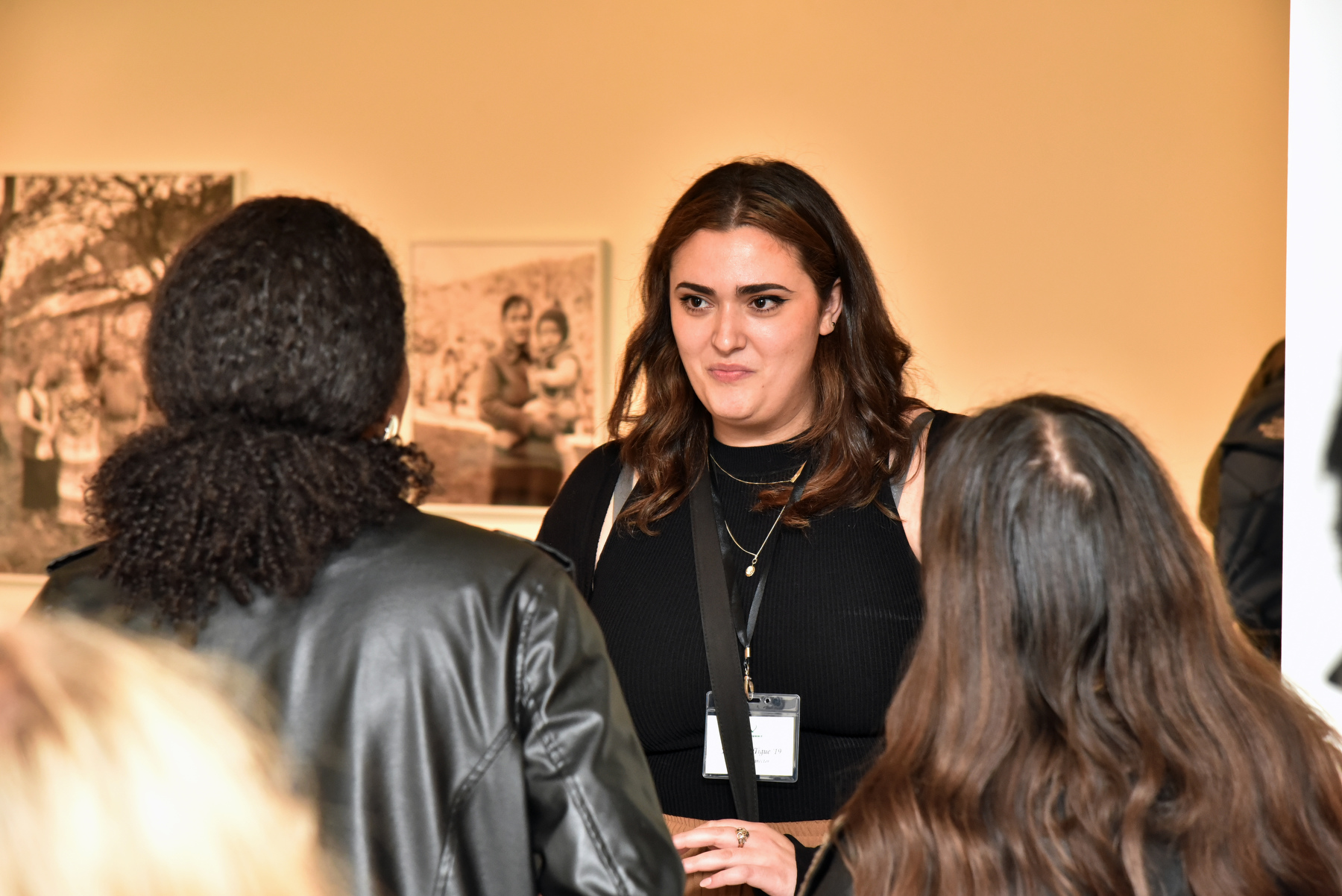 Networking opportunities for current students with Oswego alumni professionals were scheduled following the Media Summit's panel discussion. "Career Connector" Jackie McTigue '19, production coordinator with the International Alliance of Theatrical Stage Employees, talks with a group of students.