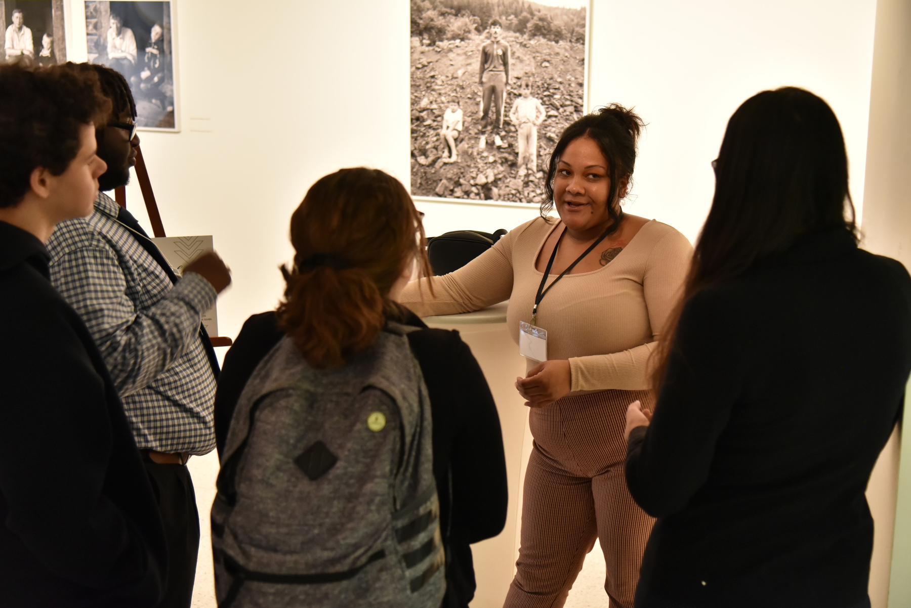 Networking opportunities for current students with Oswego alumni professionals followed the Media Summit's panel discussion. "Career Connector" Destiny Lynch '15, with Target Stores, talks with students.