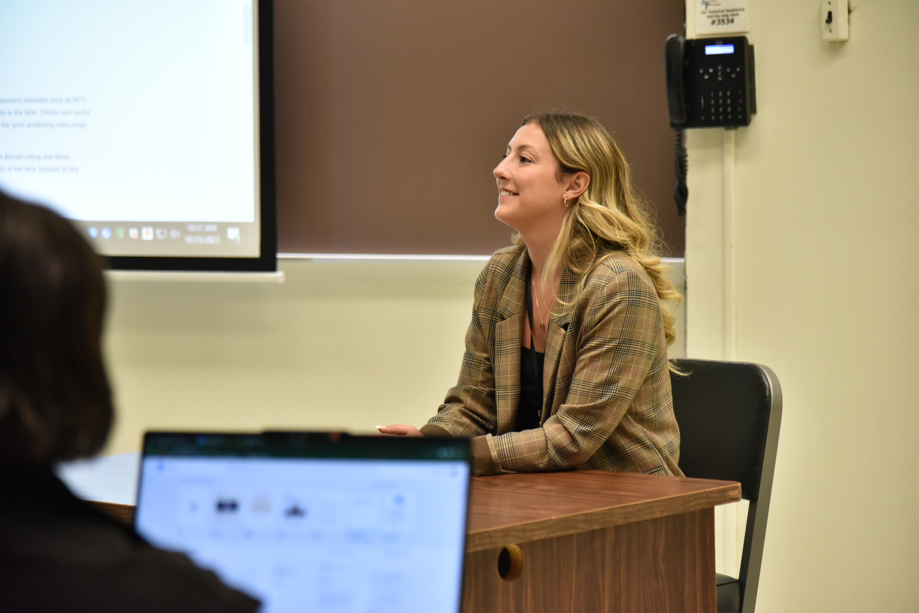 Media Summit panelists and alumni Career Connectors spoke to classes the morning prior to the featured panel discussion. Panelist Christy Somers '15, a non-fiction TV producer, speaks to a public relations class taught by Khairul Islam in Lanigan Hall.
