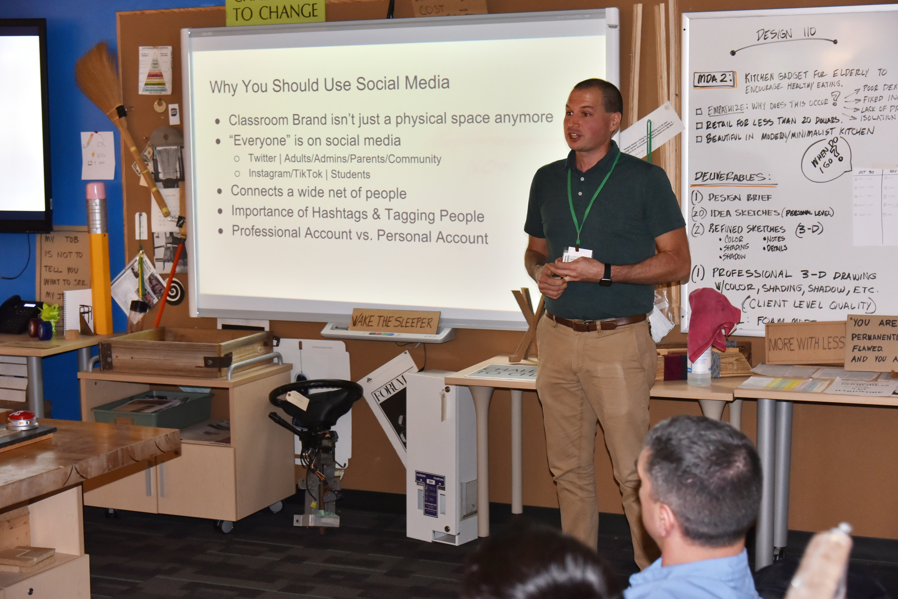 The many breakout presentations during the  84th annual Technology Fall Conference included many alumni presenters enjoying their return to campus to learn about new techniques and tools. One such class, held in the technology education Wilber Hall Design Studio, explained some Strategies for Social Media taught by Mark Starke (pictured), a  2010 graduate.