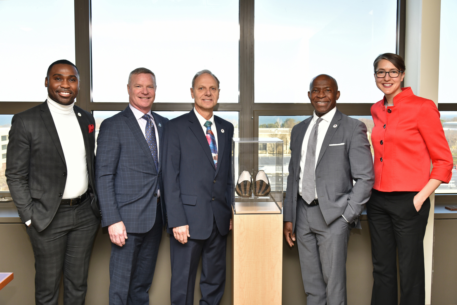 President Peter O. Nwosu recently met with Robert Corradino, who will begin his term as mayor of the City of Oswego on Jan. 1. Shown from left are Jamal Coleman, director of operations in the Office of the President; Kevin Caraccioli, city attorney for the City of Oswego; Corradino; Nwosu; and Kristi Eck, assistant vice president of workforce innovation and external relations.