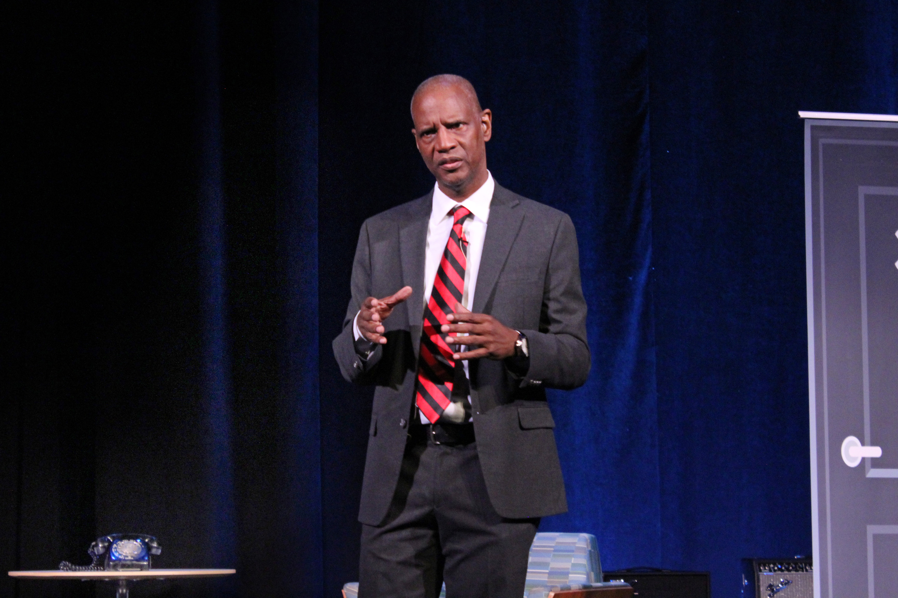 The 35th annual Martin Luther King, Jr. Ceremony held Feb. 1 in Waterman Theatre included speakers, student readings and performances. The keynote talk was provided by playwright, producer, director and author Ira Knight (pictured), author of “From Myth To Man: A Martin Luther King Interpretation.” (Photo by Graceann Cleator) 