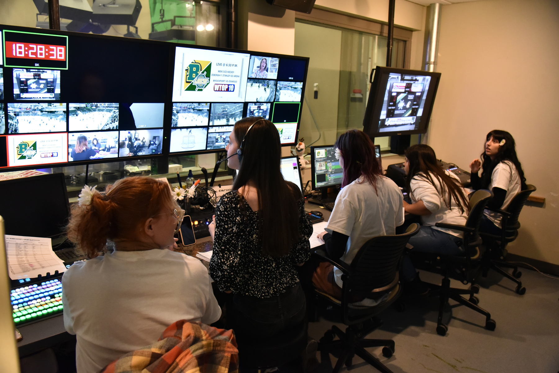 A look inside a busy control room as WTOP-10 aired its first-ever all-women-run sports broadcast Feb. 2 in coverage of the Lakers men's hockey game against Brockport. Both the production team and on-air talent were made up entirely of women.
