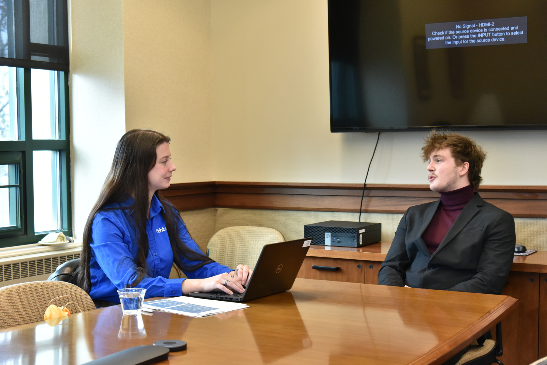 Business students took advantage of practice interviewing skill sessions at the Mock Interview Palooza, an event hosted by the School of Business, Career Services and the Alumni Engagement Office Feb. 12 and 13 in Rich Hall. Interviews were conducted by employers from a multitude of fields. Pictured, Brianna Terry '23 meets with student Loris Novak '24.