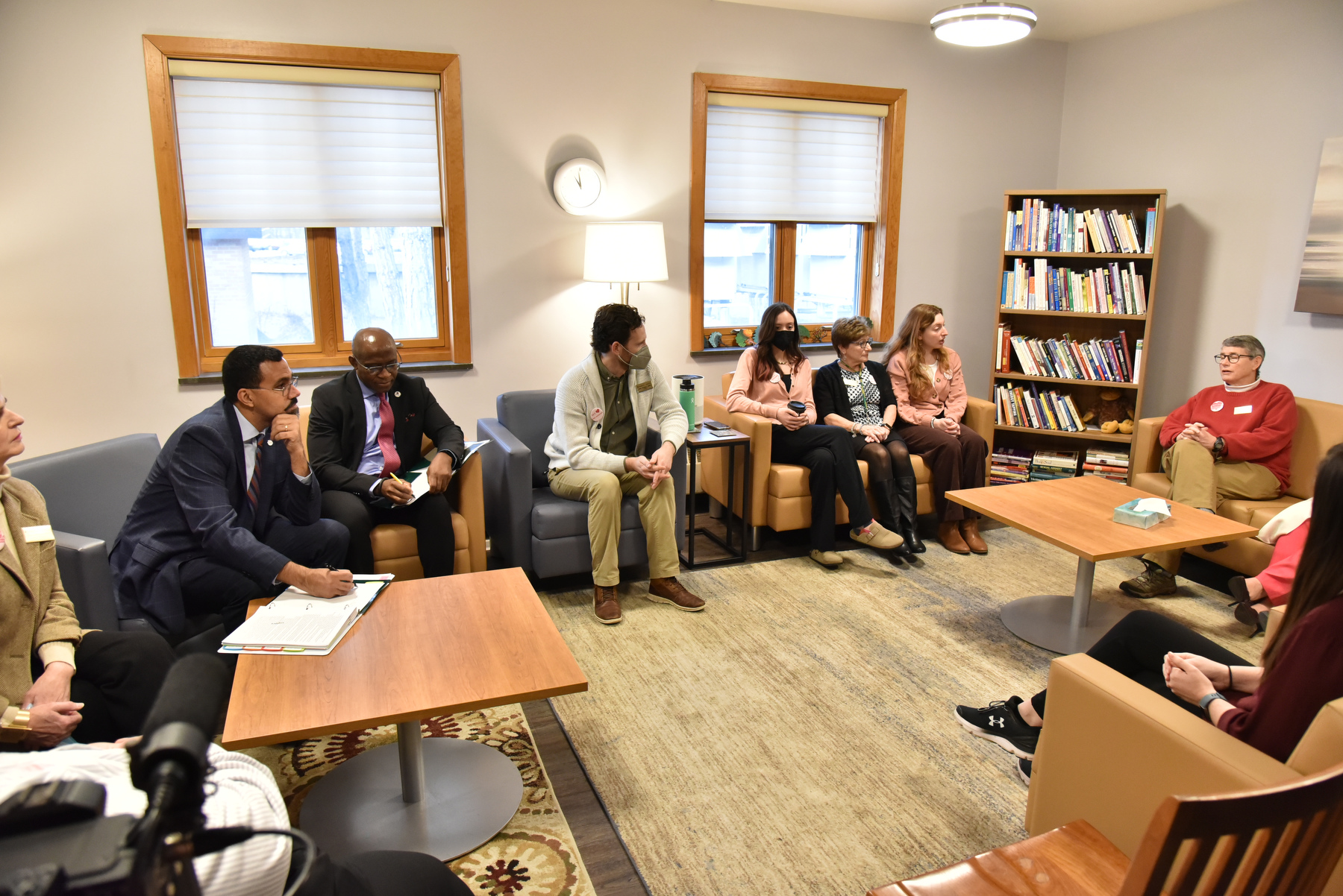 During SUNY Chancellor John B. King Jr.’s visit to SUNY Oswego on Feb. 14, he and President Peter O. Nwosu met with Counseling Services staff at Mary Walker Health Center.
