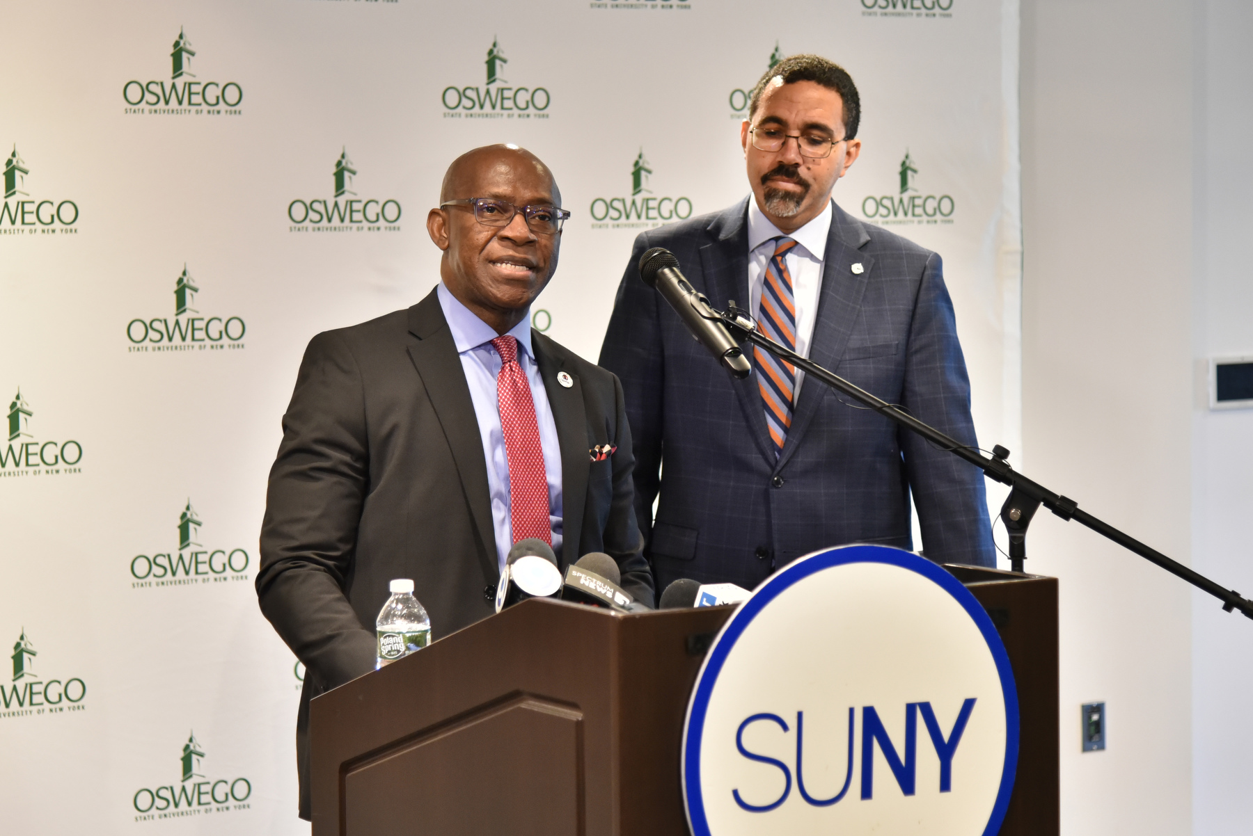 SUNY Chancellor John B. King Jr. visited SUNY Oswego Feb. 14 to meet with President Peter O. Nwosu and students, employees and several offices. President Nwosu is pictured introducing Chancellor King at a press conference in The Space in Marano Campus Center.