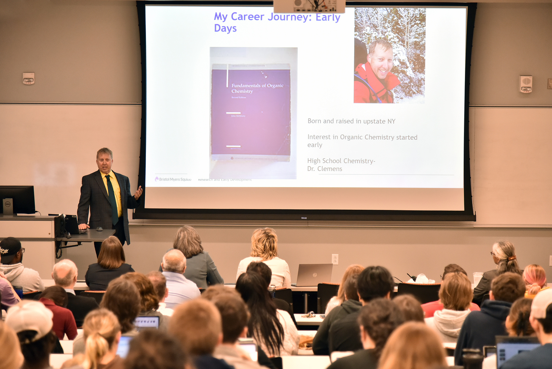 Bruce Ellsworth, a 1987 chemistry graduate and the scientific executive director of Oncology East and the Biocon Bristol Myers Squibb Research Center, returned to campus to deliver a 2024 Augustine Silveira, Jr. Distinguished Lecture Series presentation on April 12.