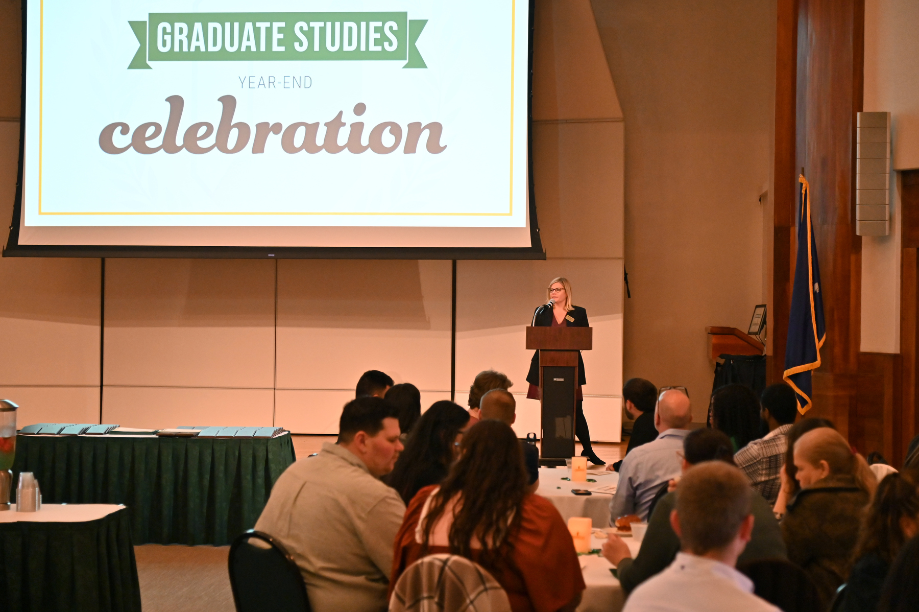 The Graduate Studies Year-End Celebration is a chance to celebrate the valued contributions of graduate students, faculty and staff who make SUNY Oswego’s graduate community exceptional. The event also is an opportunity to honor outstanding mentors and outstanding students. Kristen Eichhorn, dean of graduate studies, and beginning July 1 as interim dean of the School of Business, speaks during the celebration held May 7 in Sheldon Ballroom.