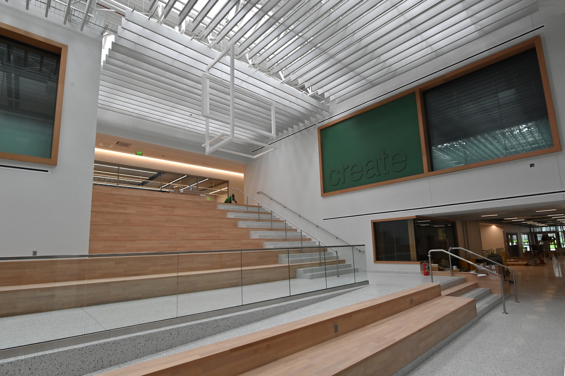 As the campus prepares for the reopening of Hewitt Hall as the home of broadcast and digital media, cinema and screen studies and graphic design programs in the School of Communications, Media and the Arts with the start of the fall semester, here is a sneak peak at the soaring collaborative core in the center of the building.