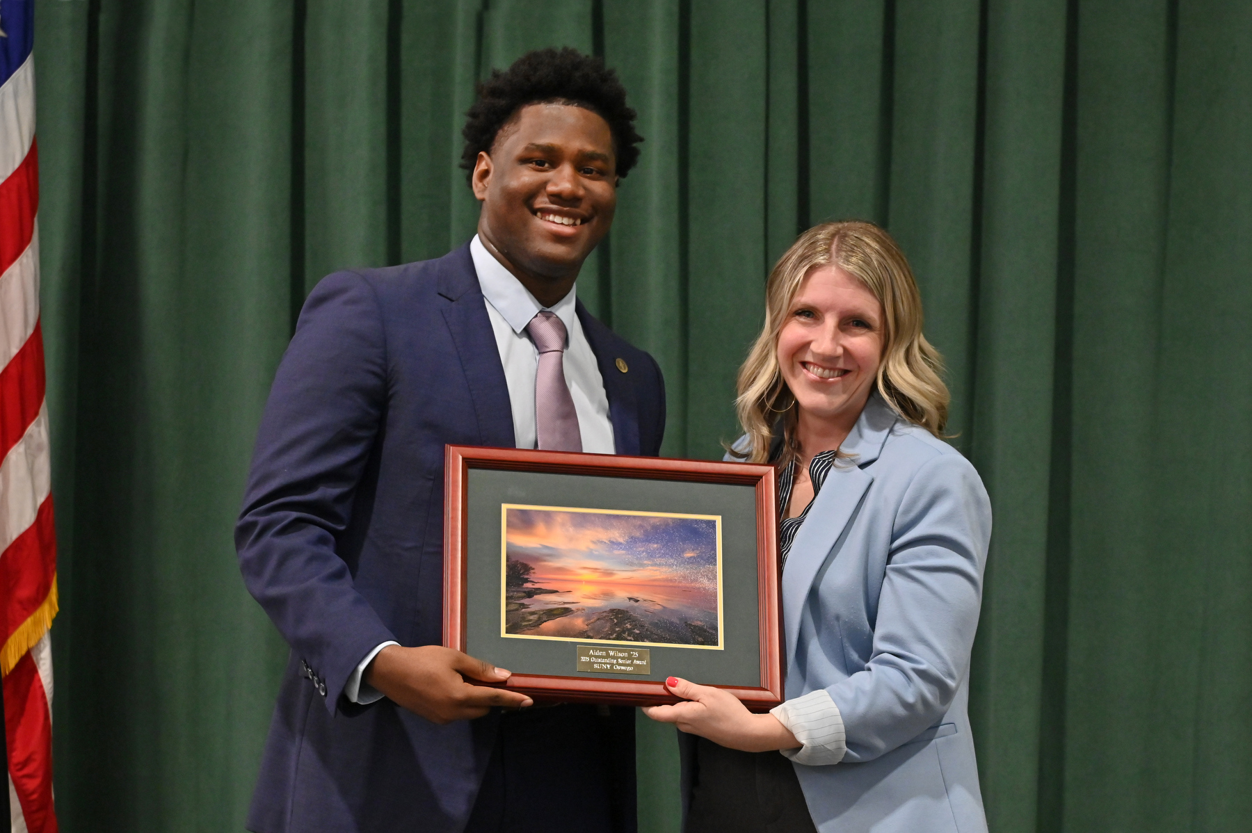 Student Association President Aiden Wilson was the recipient of the 2025 Outstanding Senior Award. Wilson, the son of Samantha Burrows and Daniel Wilson of Nassau in the Bahamas, graduates with a 3.92 GPA, double majors in finance and marketing, and a list of experiences that are as substantive as they are numerous. Officially presenting the honor at the Commencement Eve Reception is Laura Pavlus Kelly ’09, senior director of alumni engagement and executive director of the alumni association.