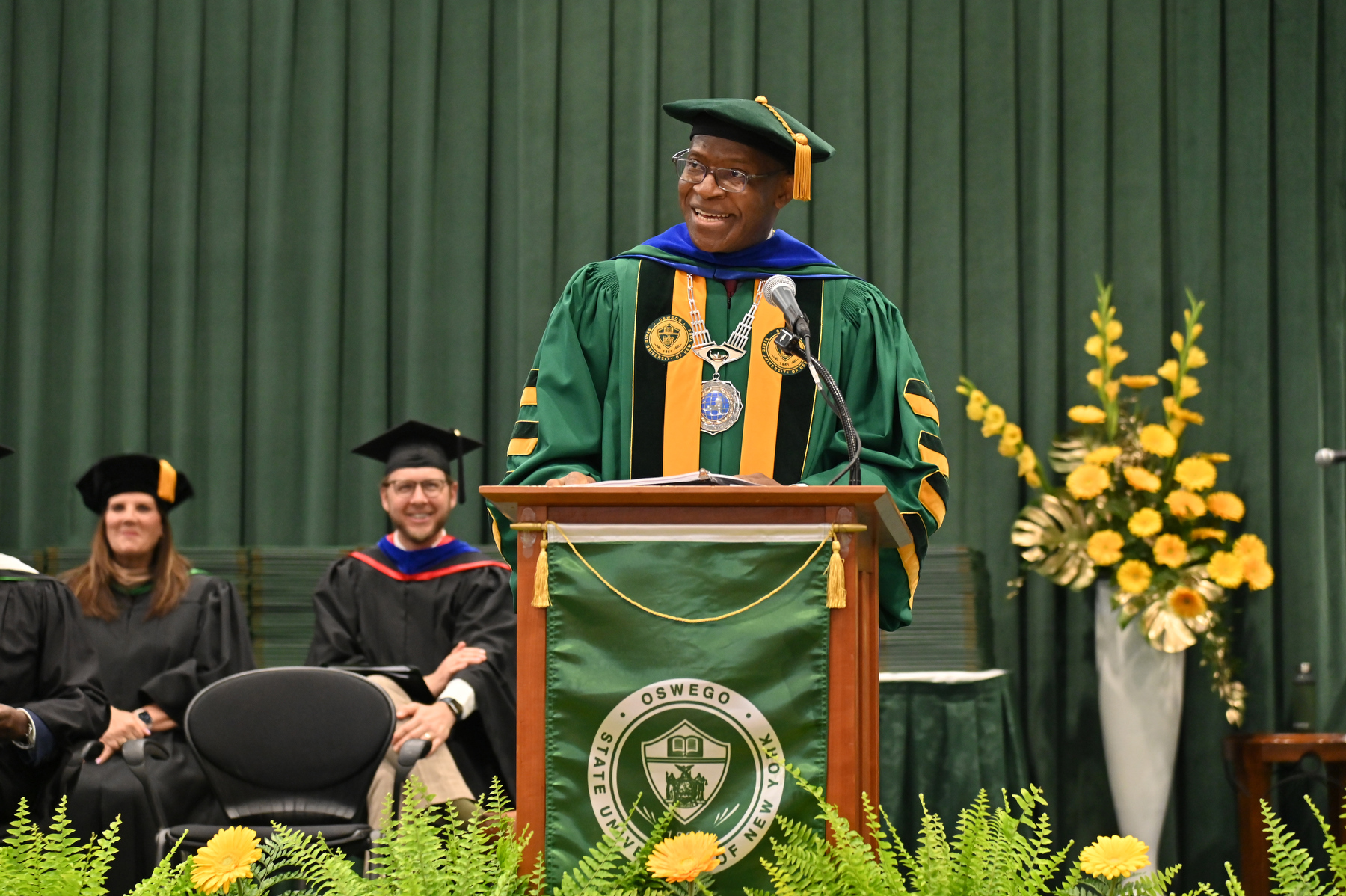 President Peter O. Nwosu welcomes the graduates at the beginning of the 9 a.m. ceremony.