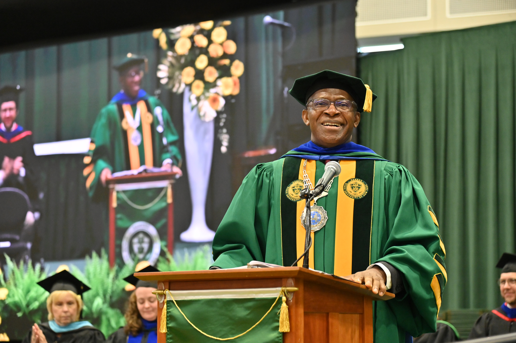 President Peter O. Nwosu gave the Charge to Graduates during the 9 a.m. College of Liberal Arts and Sciences Commencement, as well as the two subsequent ceremonies on May 17.
