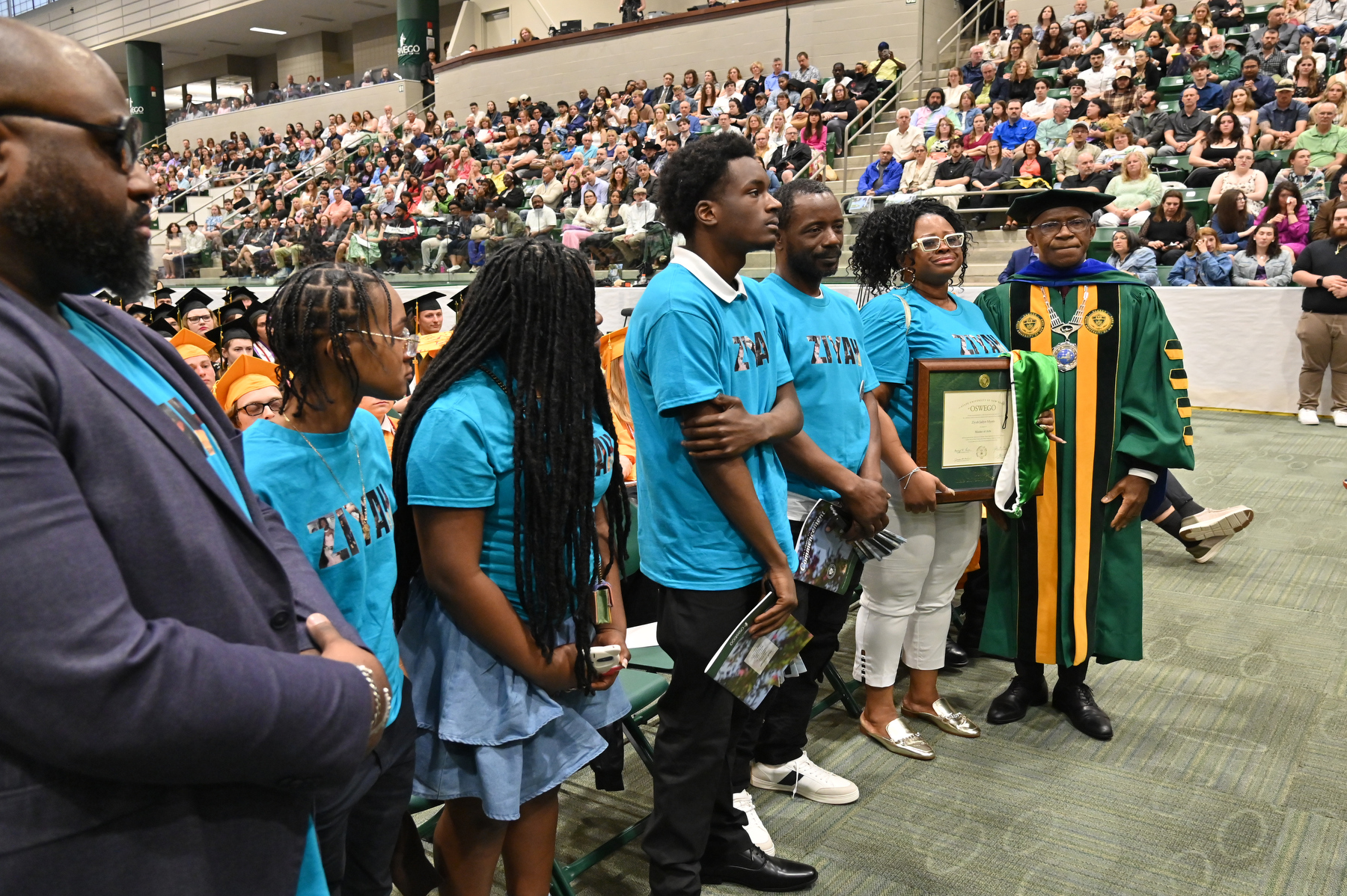 The 4 p.m. ceremony featured an emotional moment honoring Ziyah J. Myers with a posthumous master of arts degree, accepted by her family, during the ceremony for the School of Communication, Media and the Arts and the School of Education. As an undergraduate, Myers was a passionate student leader for several on-campus organizations, including Two and a Half, Bold Black Beauties, the Black Student Union, IMAGE Step Team and CSTEP. She played a founding role in the Asiwaju Ceremony