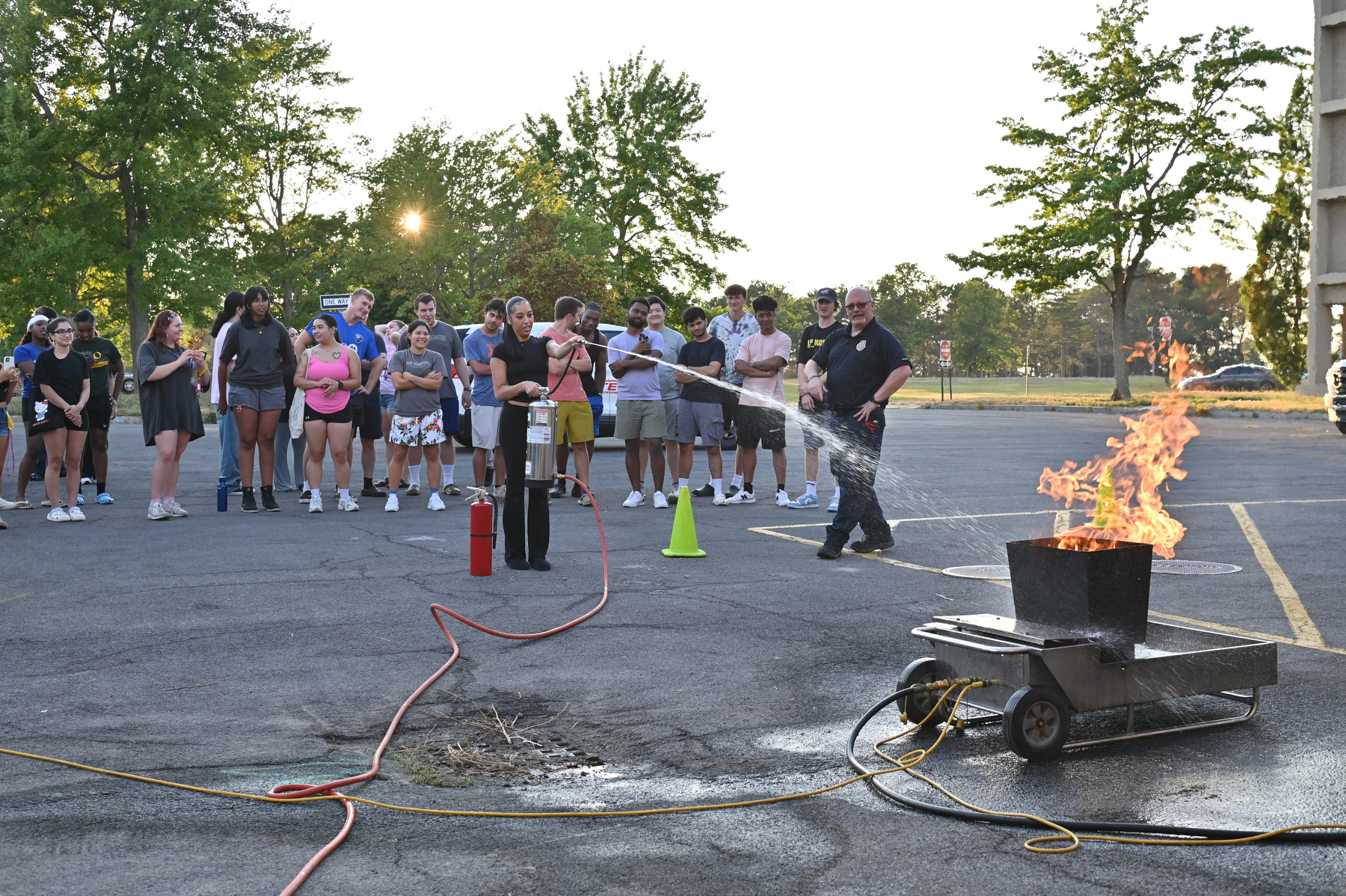 Oswego Town Volunteer Fire Department held training Aug. 13 for residence hall assistants on procedures in case of fire. Also included were demonstrations on the use of fire extinguishers in and outside Oneida Hall. The training and awareness are part of ongoing efforts that have resulted in a dramatic reduction in calls to Oswego Town firefighters.