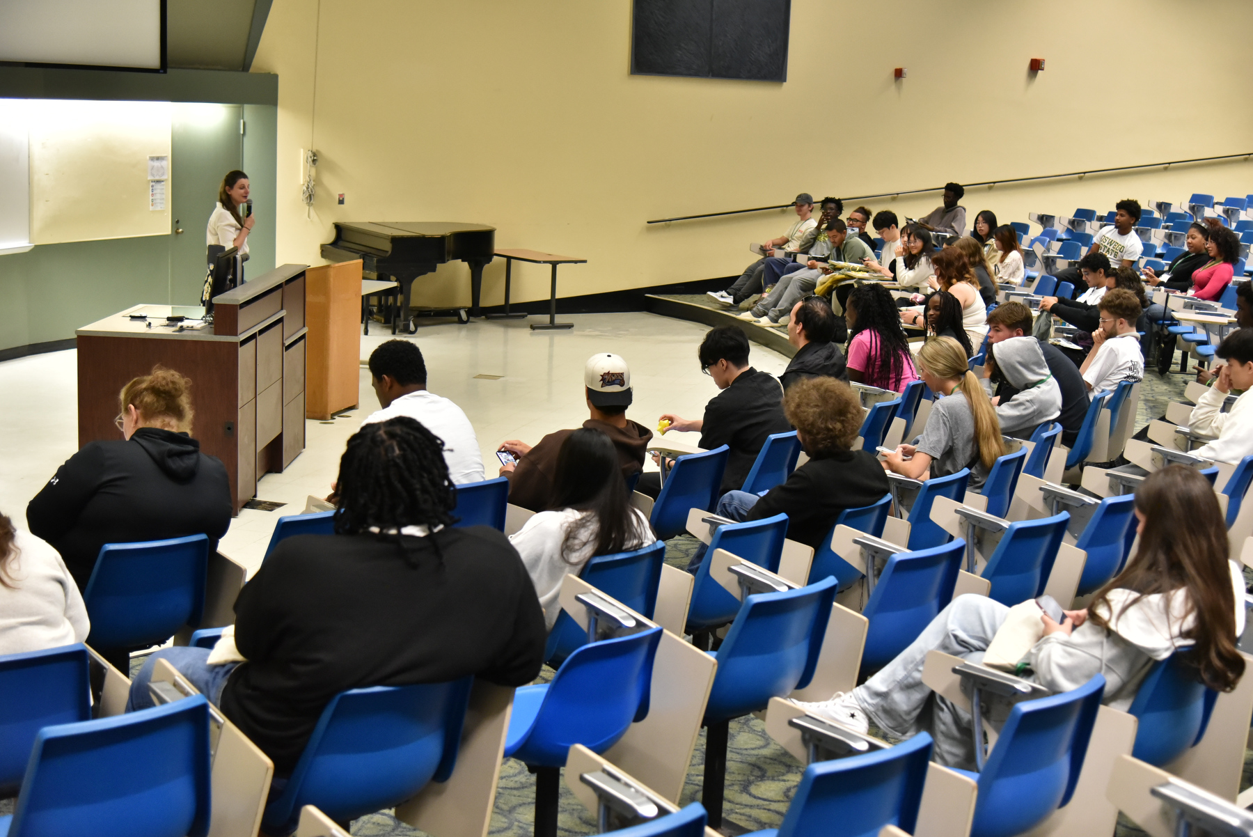 New international students assembled in Lanigan Hall on Aug. 21 for orientation sessions. The programs are organized by the Office of International Education and Programs’s International Student and Scholar Services, and beginning this year in collaboration with the Student Orientation and Family Engagement Office to enhance the overall experience.