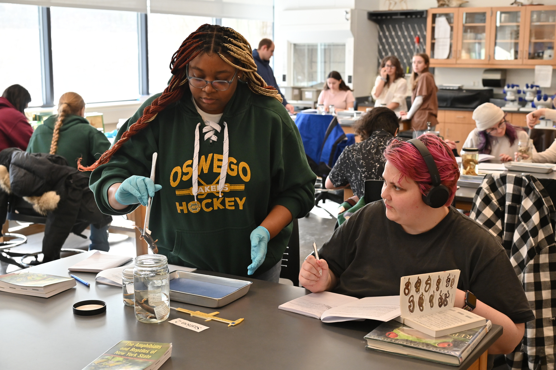 Herpetology lab classes by Jennifer Olori, biological sciences, are held at Rice Creek Field Station and feature lots of amphibian and reptile specimens out on the tables that students examine as an introduction to the diversity of those groups. Senior zoology majors Ariah Martin (left) and Atlas Hyde (right) examine one such specimen, a black-bellied salamander.