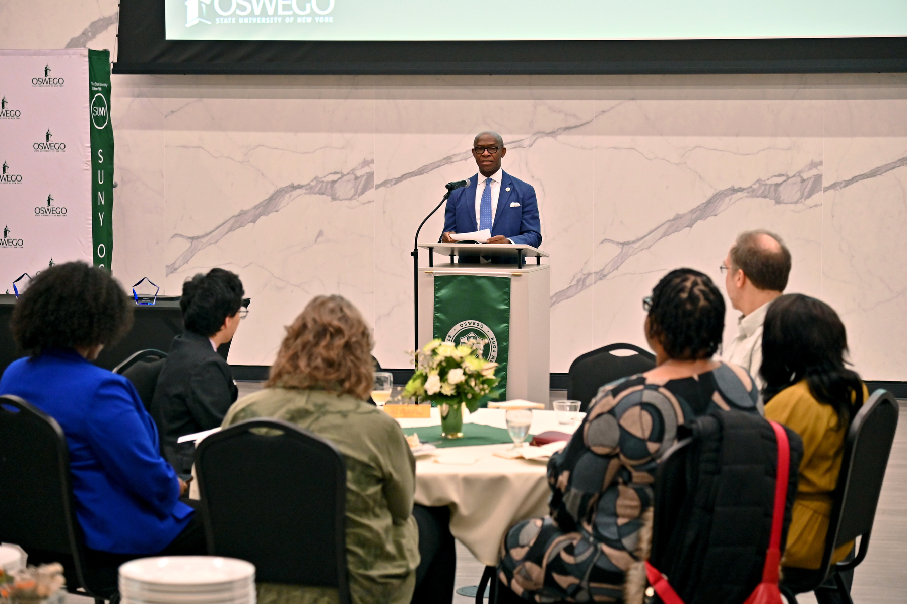 President Peter O. Nwosu speaks to those in attendance for the Triandiflou Institute for Equity, Diversity, Inclusion and Transformative Practices' inaugural President's Inclusive Excellence Award ceremony April 13 in Hewitt Ballroom. This ceremony recognizes the contributions of many people who have worked to build an inclusive community on campus and beyond.