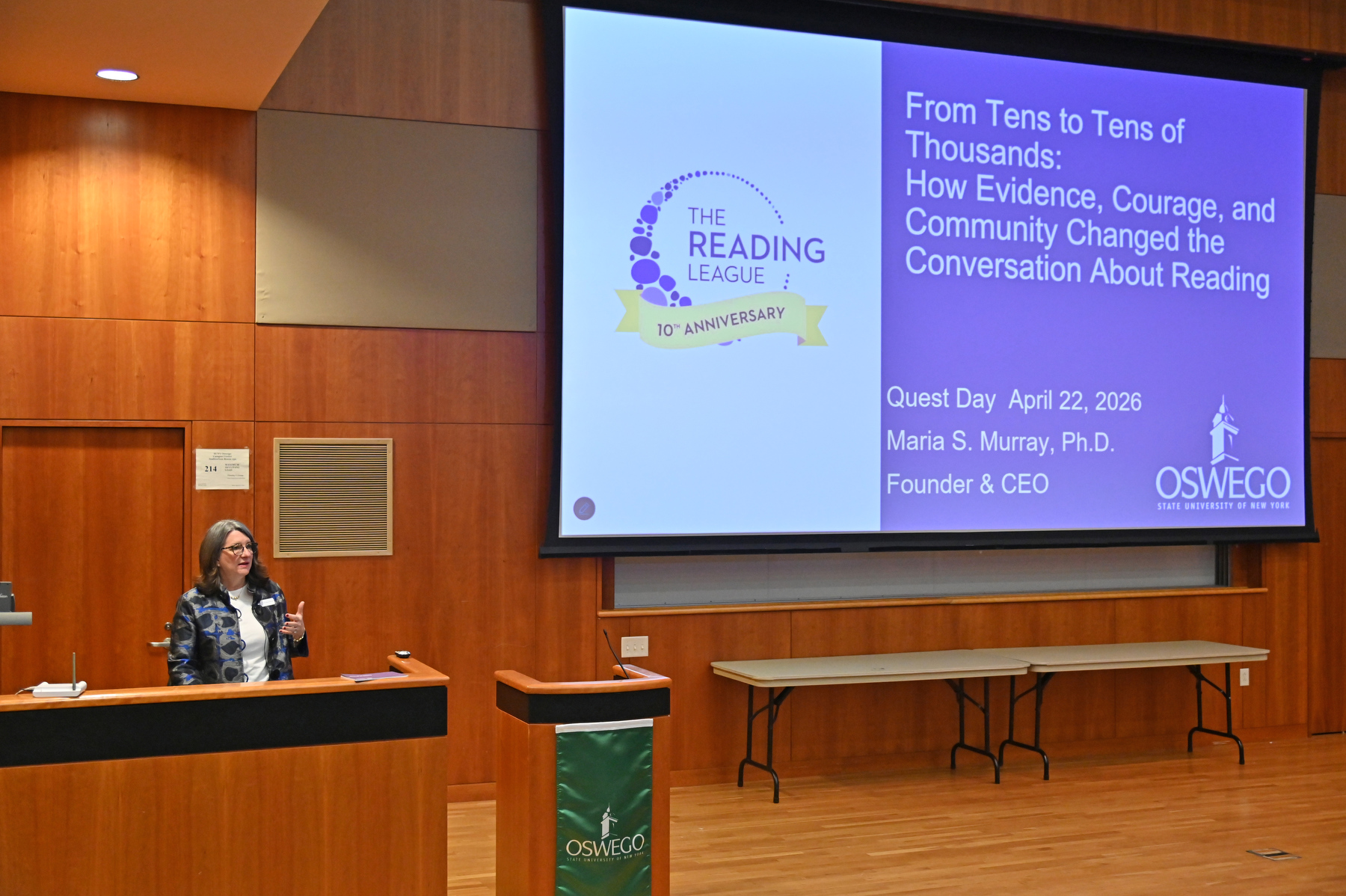 SUNY Oswego’s Quest keynote speaker was Maria Murray, president and CEO of The Reading League and a former Oswego faculty member. Her April 22 talk on “From Ten to Tens of Thousands: How Evidence, Courage and Community Changed the Conversation About Reading,” took place in the Marano Campus Center auditorium.