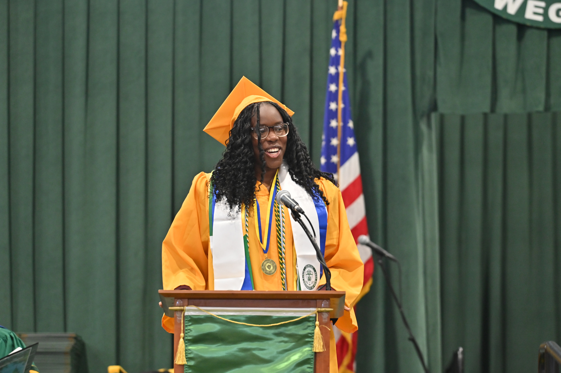 Oghenetega (Tega) Adjoh, Student Association president who earned degrees in operations management and information systems and in finance while earning the Chancellor's Award for Student Excellence, gives remarks to the graduates during each of the three commencement ceremonies.