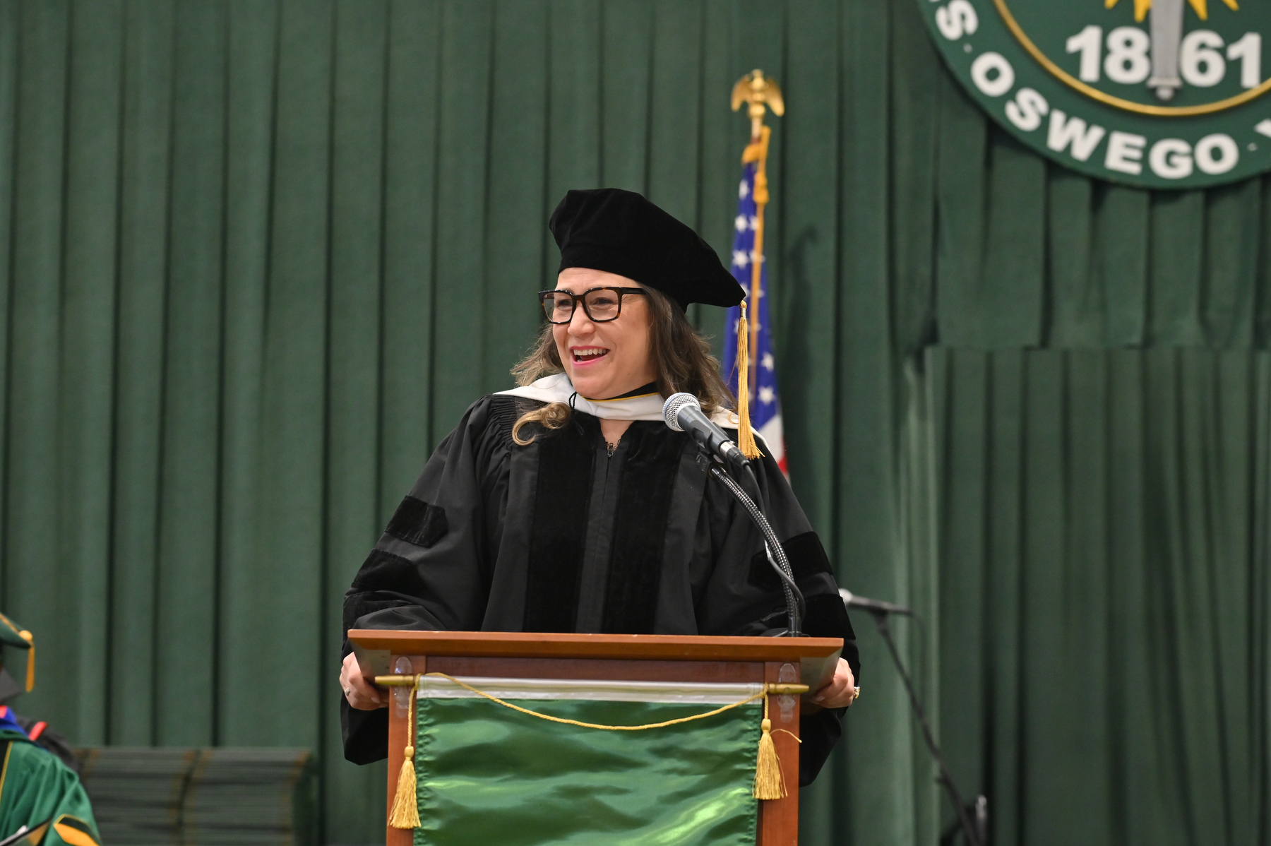 Indie Lee, a 1993 graduate and founder and brand leader of clean beauty company Indie Lee & Co., provided the keynote at the the 12:30 p.m. ceremony for the College of Business and Entrepreneurship after receiving an honorary doctorate from SUNY for her accomplishments.