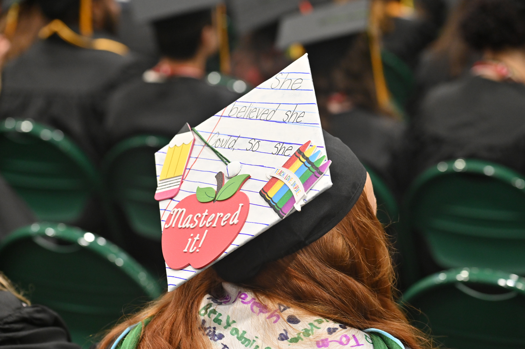 Decorated graduation caps cleverly expressed the achievements of the day, such as this graduate's words "She believed she could, so she Mastered It!" at the the 4 p.m. ceremony for the College of Communication, Media and the Arts and the College of Education, Health and Human Services. 
