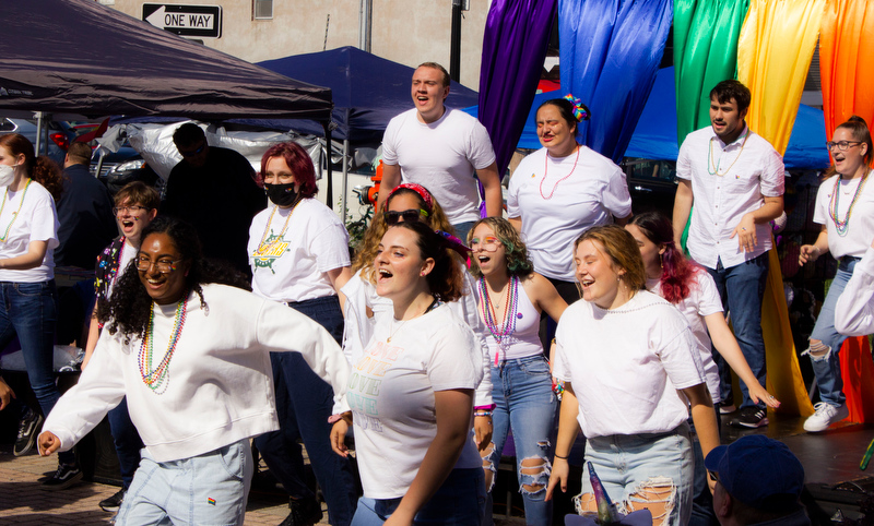 SUNY Oswego’s Vocal Effect took part in the annual Oswego Pride Festival on Saturday, Sept. 24, performing Lady Gaga’s “Edge of Glory” to an enthusiastic audience. 