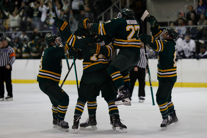 Laker hockey players celebrate goal