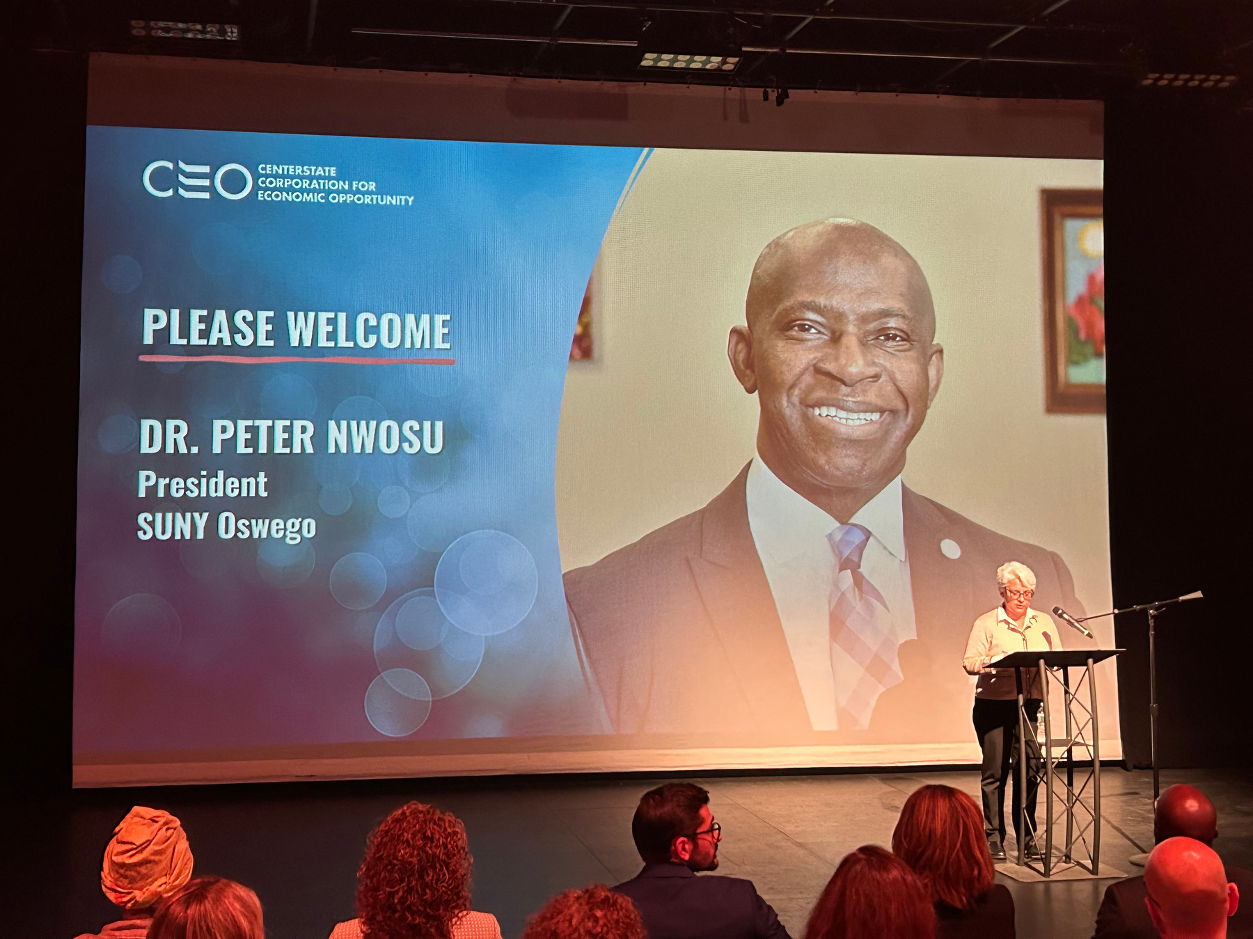 President Peter O. Nwosu spoke to CenterState CEO on Sept. 26 as part of its “Leadership Lessons from 7 Inspirational Influencers” series. Shown doing an introduction is event emcee Marie Morelli, the editorial/opinion lead for Syracuse.com and The Post-Standard. 