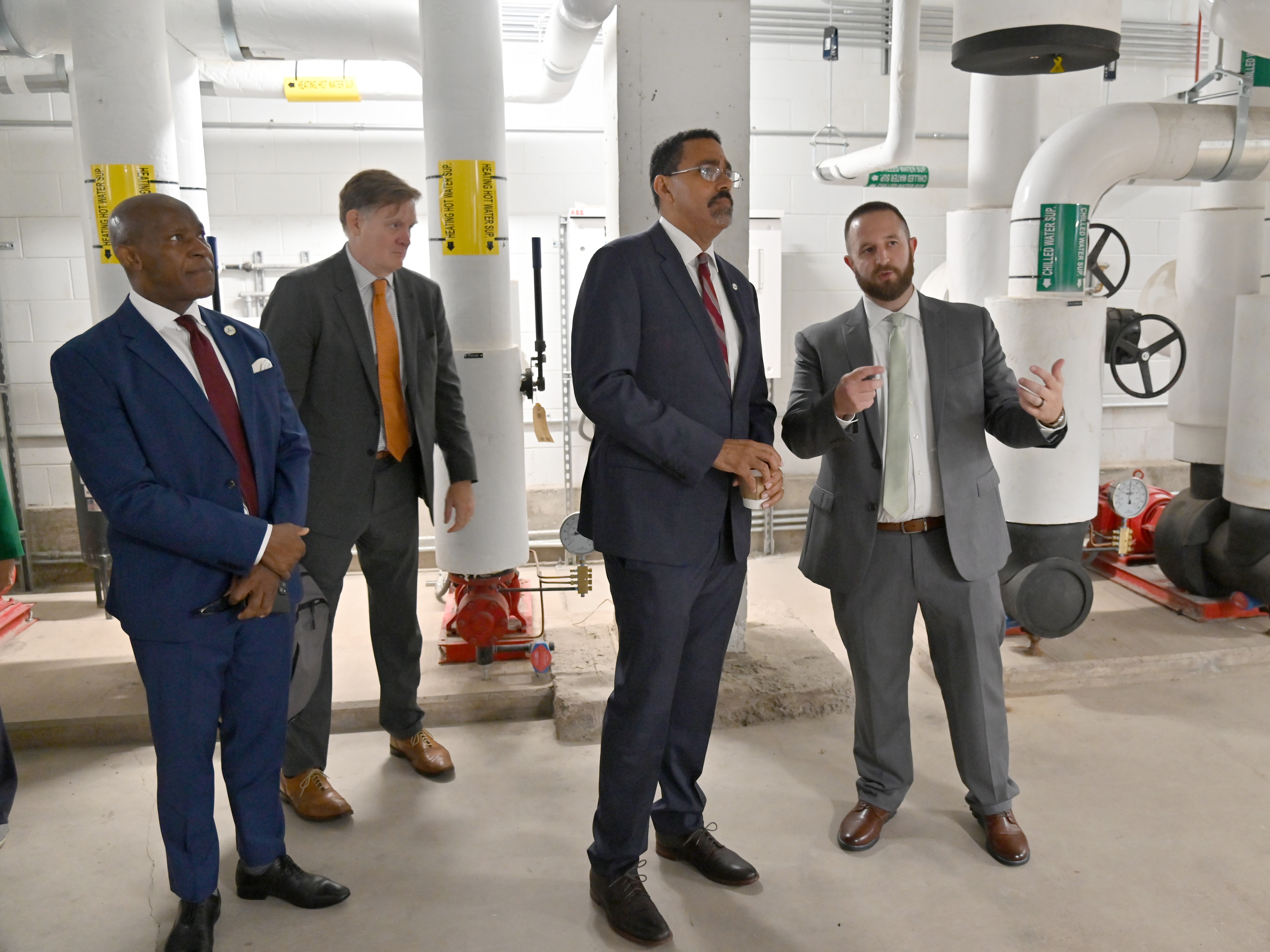SUNY Chancellor John B. King Jr.'s visit to SUNY Oswego on Aug. 19 included a tour of geothermal systems in Hewitt Union which provide renewable energy to the facilities within the building