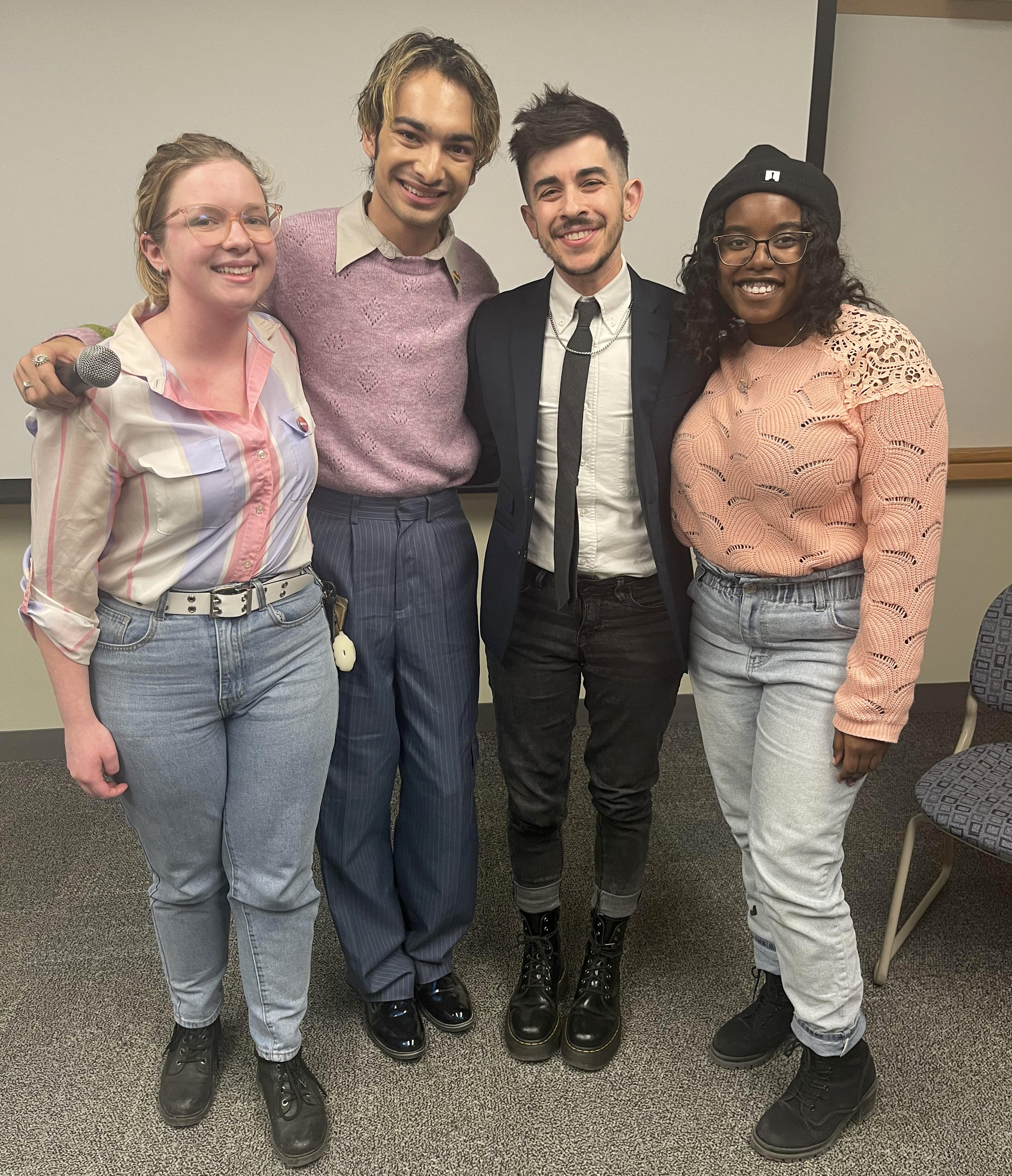 Chase Strangio, deputy director for transgender justice for the ACLU's LGBTQ and HIV Project, spoke on campus on March 7; Strangio (third from left) meets with Pride Alliance officers, from left, Lillian Bresee, president; Kaushal Joshi, secretary; and Cambria Gordon, treasurer.