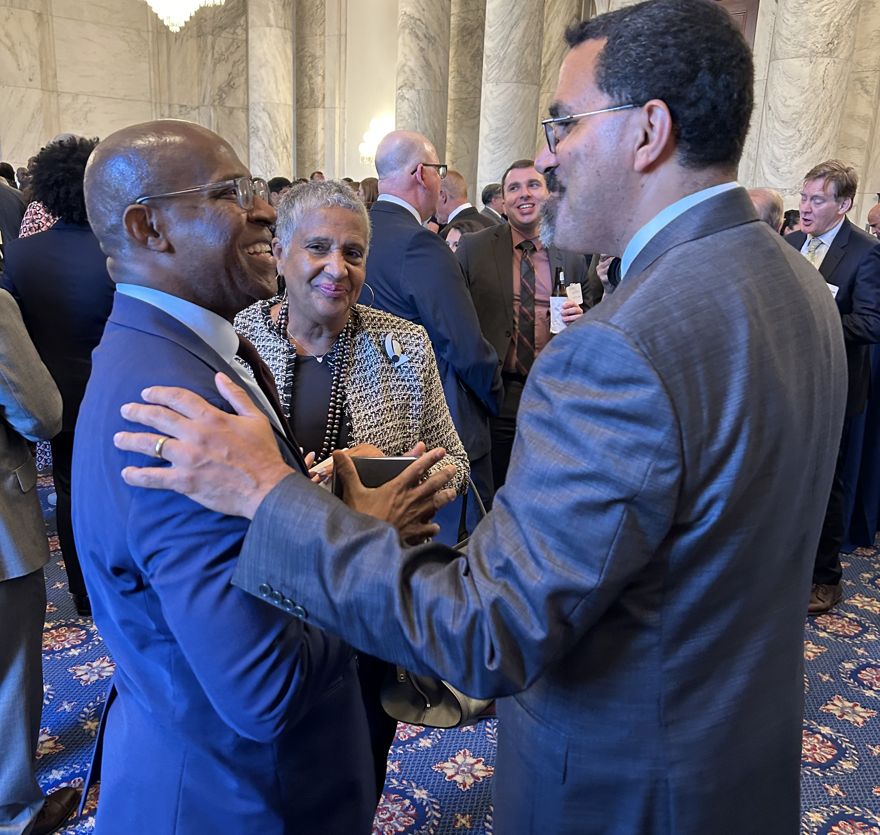 SUNY Oswego President Peter O. Nwosu and Assistant Vice President of Workforce Innovation and External Relations Kristi Eck participated in SUNY DC Day in Washington, D.C. to advocate for continued and new federal support to advance the vision and priorities of SUNY and SUNY Oswego. Here President Nwosu meets with SUNY Chancellor John B. King and SUNY Board Trustee Eunice A. Lewin. 