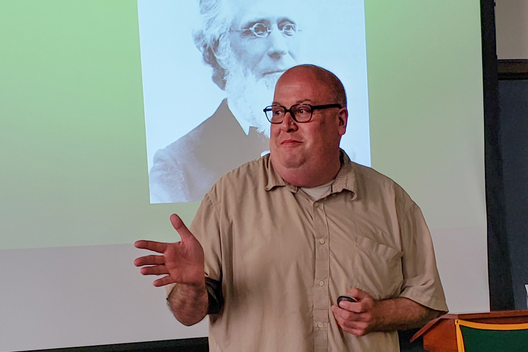 Don Little '91 M'94 M'15, a Syracuse City school district teacher, presented the history of SUNY Oswego's founder, Edward Austin Sheldon, and the legacy he left on the world of education. The presentation, an annual part of Alumni Reunion, took in the Sheldon Hall Historic Classroom.