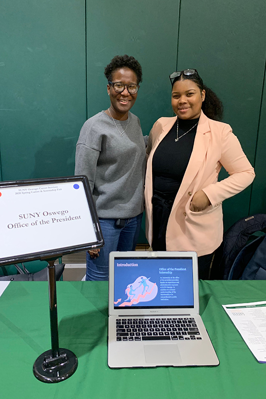 At the Career and Internship Fair on March 4, Tamera Miller and Ahmonique Evans, two interns from President Deborah F. Stanley’s office were happy to share their thoughts about working with top administrators