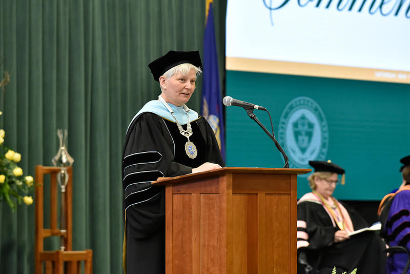 SUNY Oswego Officer in Charge Mary Toale presided over all three May 14 Commencement ceremonies and encouraged the graduates to continue striving for success.
