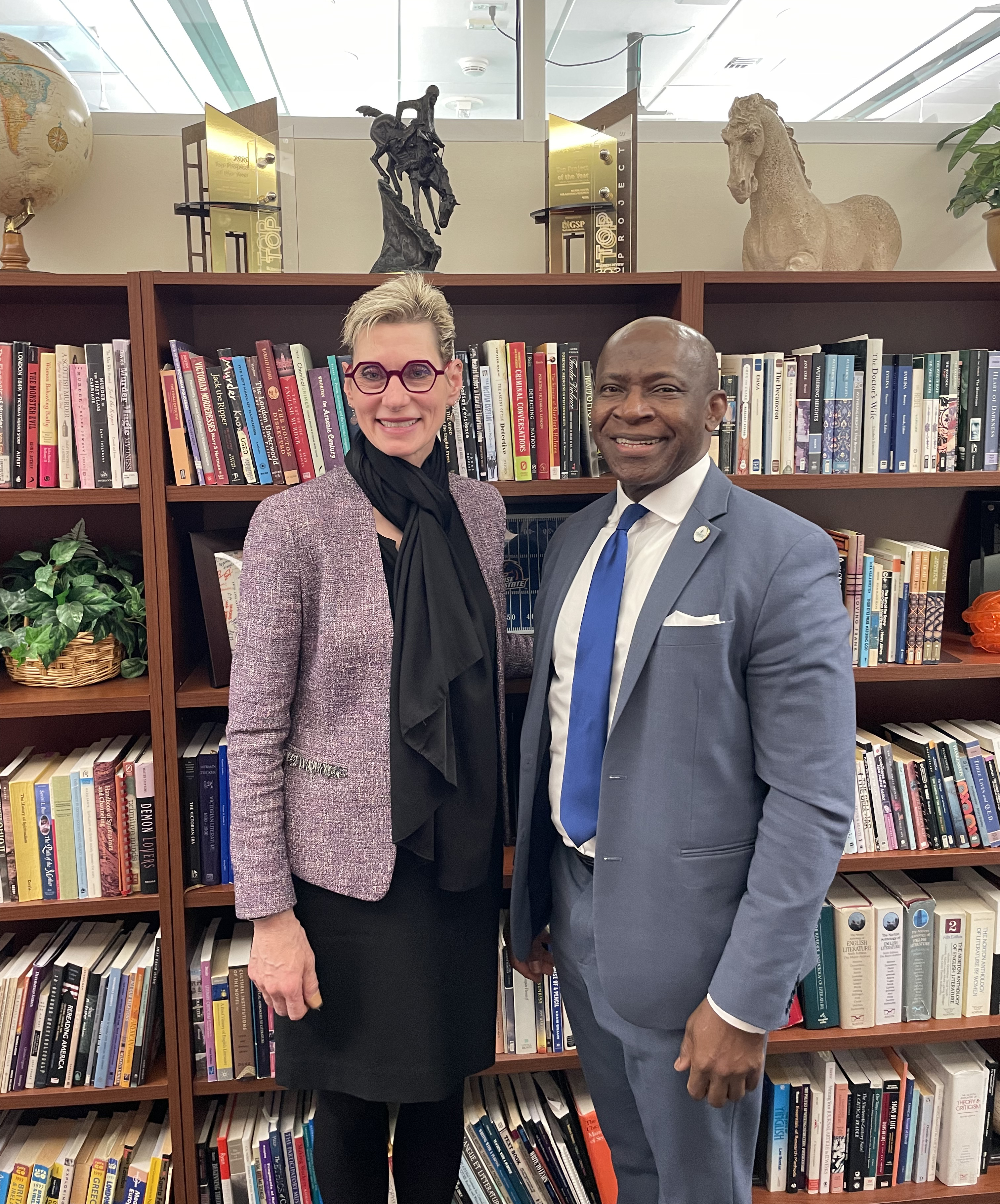 SUNY Oswego leaders met with counterparts from Boise State University to discuss their partnerships with Micron. Here SUNY Oswego President Peter O. Nwosu meets with Boise State University President Marlene Tromp.
