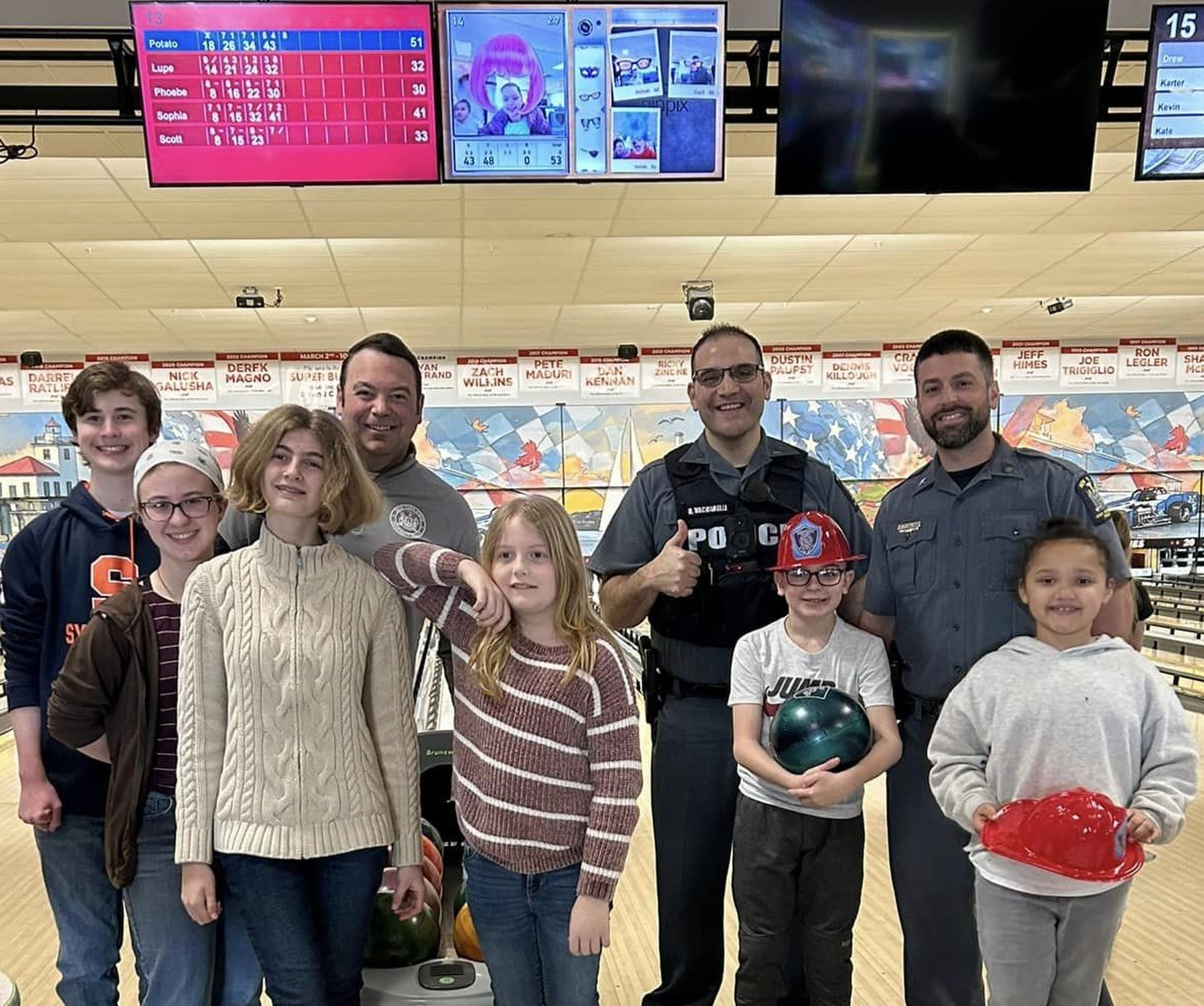 University Police Chief Scott Swayze, Officer Kevin Ermann and Lt. Rob Vaccarrelli participated with the Oswego Police Department and the Oswego Fire Department for Youth Bureau bowling at Lighthouse Lanes in Oswego.
