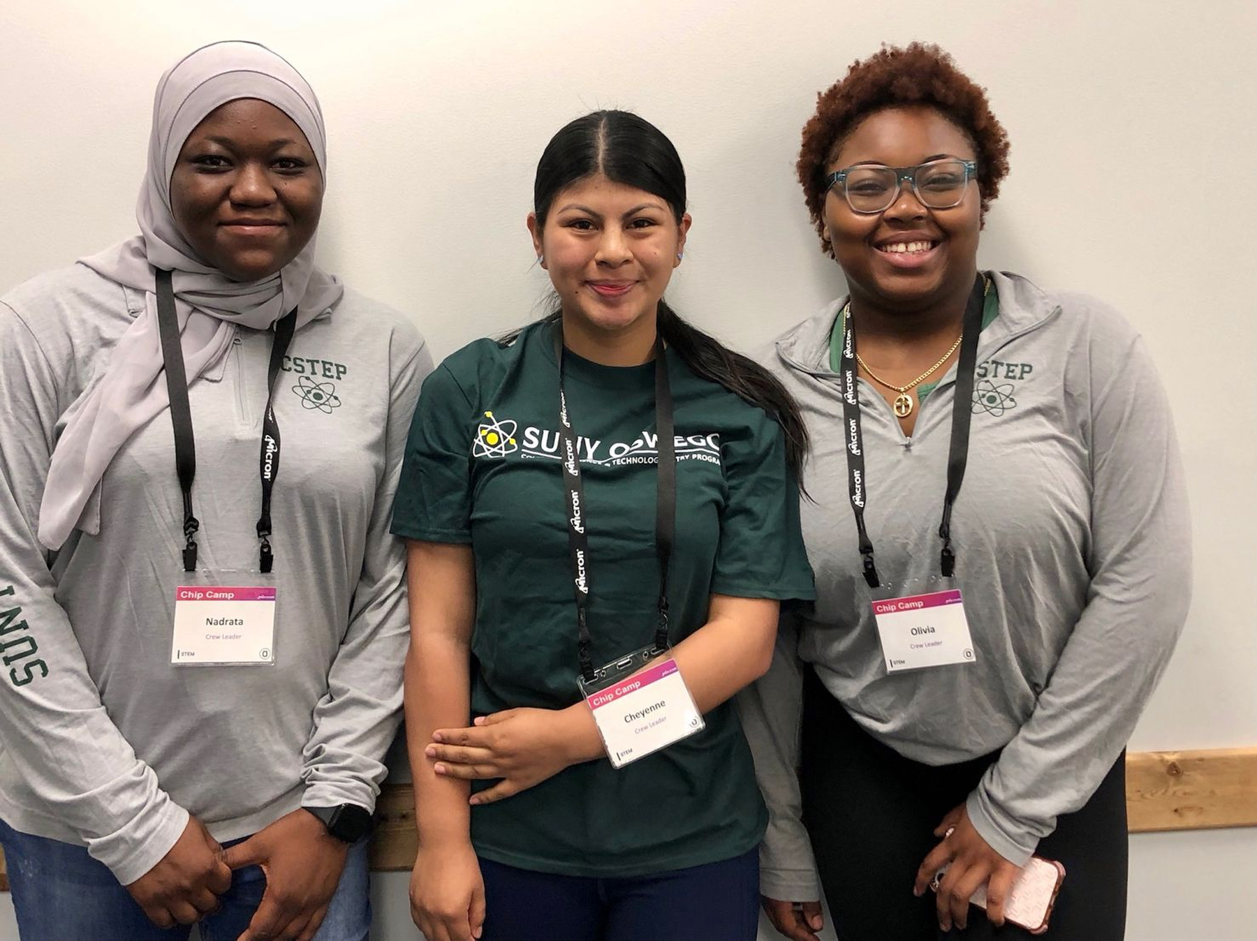 Three SUNY Oswego CSTEP (Collegiate Science and Technology Entry Program) students were among those helping with a recent Micron-sponsored Chip Camp in July, hosted at Onondaga Community College (OCC) for more than 100 students from Onondaga and Oswego counties. Shown from left are Nadrata Abdul-Salam, Cheyenne Sinchico and Olivia Odigie.