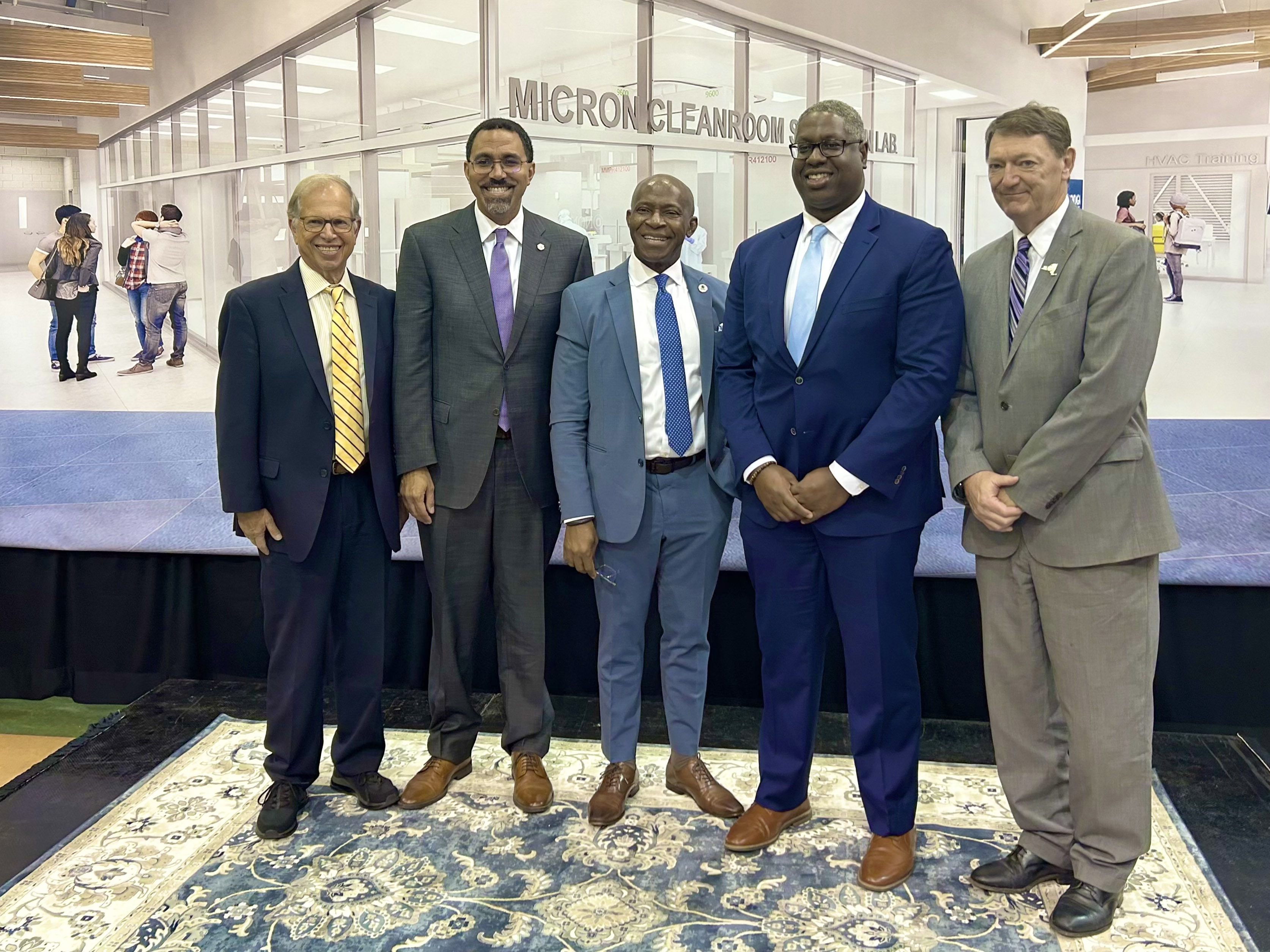 SUNY Oswego President Peter Nwosu was part of the Micron Cleanroom Simulation Laboratory renderings unveiling and media event with Micron global leadership team and New York State, local and community leaders at Onondaga Community College on Oct. 19. 