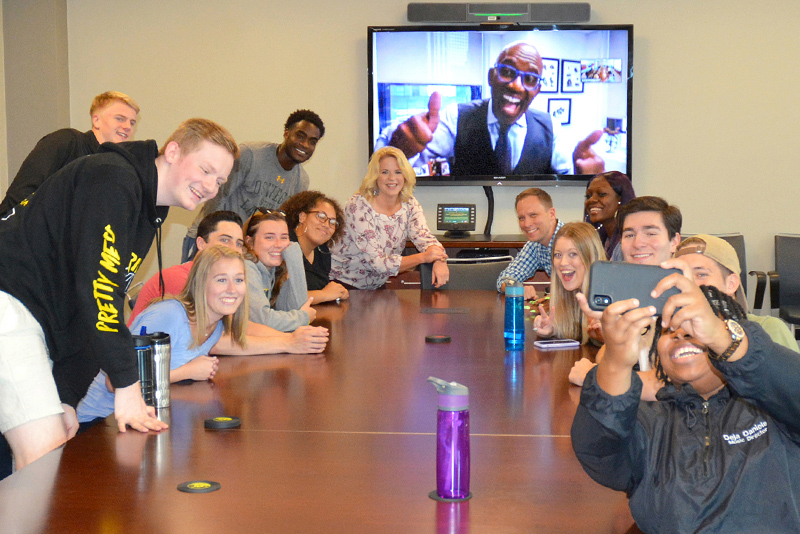 Students in BRC 497 class Camera Ready: Developing Your On-Air Persona take a group selfie with their teachers, who include Al Roker, the 1976 Oswego graduate who is the national weather anchor on NBC's Today 