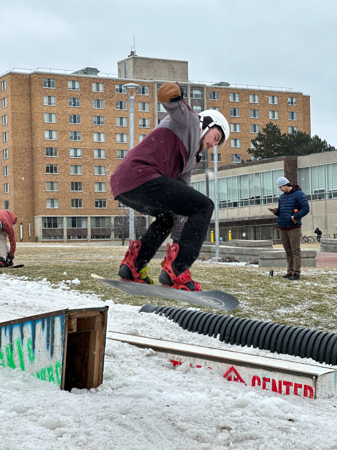 The SUNY Oswego Ski and Snowboard Club once again organized its annual Rail Jam on Feb. 17. They had to overcome an unusual February problem – a lack of snow – but the Facilities Services ground crew came through to ensure the fun could go on.