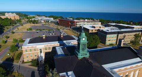 View above Sheldon Hall and other campus buildings