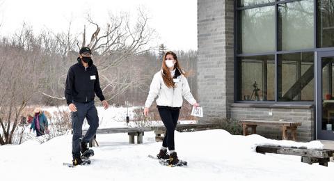 Self-guided snowshoeing was a featured activity Feb. 24 during the first Wellness Day at Rice Creek Field Station. Enjoying the outdoor experience are Matthew Broadnax, a freshman zoology major, and Nicole Rose, a junior zoology major and sustainability m