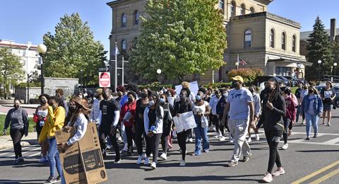 The ALANA Peace Walk on Sept. 26 began at Oswego City Hall and proceeded to Marano Campus Center after opening remarks