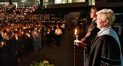 The 33rd Annual Welcoming Torchlight Ceremony officially welcomed the newest members of the SUNY Oswego community in a ceremony held Aug. 19 in the Deborah F. Stanley Arena and Convocation Hall in Marano Campus Center. Mary Toale, College Officer in Charg