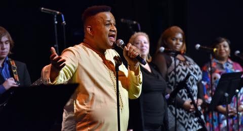 Larry Watson, a 1974 alumnus, brought his performance "American Fruit with African Roots: A Black Swan Song by an Affirmative Action Baby" to a Waterman Theater audience Feb. 6 with a program of mostly original compositions in African American forms 