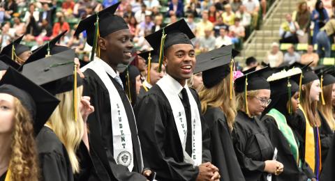 Graduating seniors gather May 13 for the morning Commencement ceremonies for the College of Liberal Arts and Sciences in Deborah F. Stanley Arena and Convocation Hall. Three ceremonies saw hundreds of students graduate in front of thousands of guests