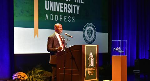 SUNY Oswego President Peter O. Nwosu delivered his inaugural State of the University Address, which laid out his Vision 4040 — a plan to double the number of graduates from 2,000 annually or 20,000 per decade to 4,000 annually, 40,000 per decade by 2040