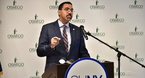 SUNY Chancellor John B. King Jr. visited SUNY Oswego Feb. 14 to meet with President Peter O. Nwosu and students, employees and several offices, concluding the visit with a press conference in The Space announcing enhanced mental health support funding.