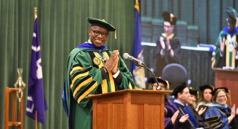 President Peter O. Nwosu welcomes the graduates of SUNY Oswego Class 2024 during the College of Liberal Arts and Sciences ceremony on May 11.